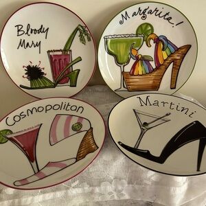 “The Cellar” 4 piece 7.5 inch appetizer plate set.  Party drink themed!